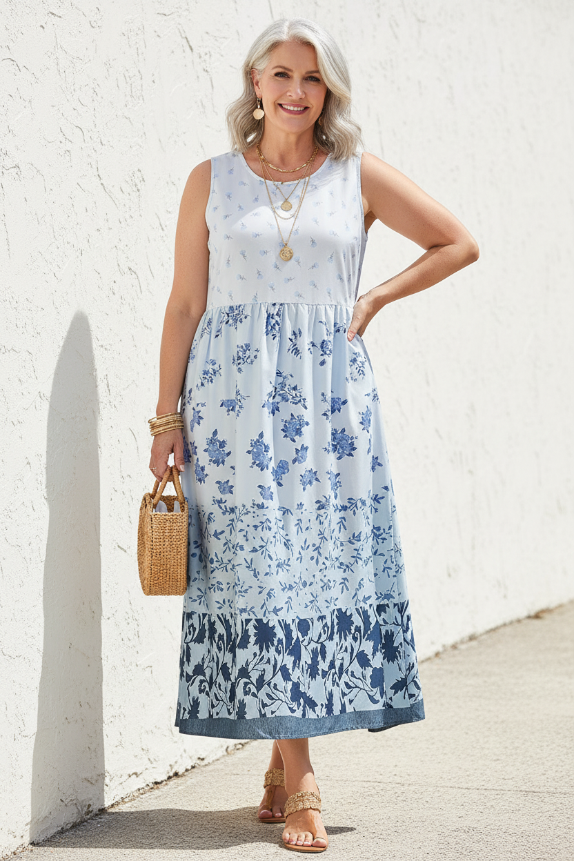S106 light blue floral dress late 50s front view