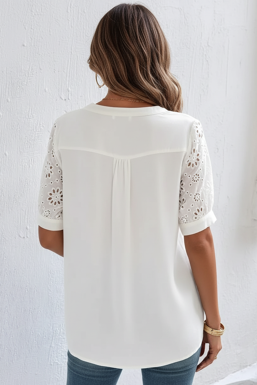 S108 white floral eyelet blouse S93 background back view