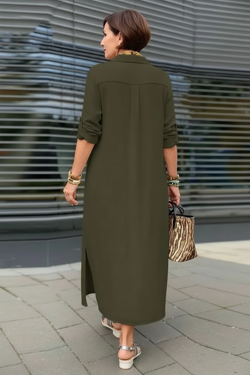 S109 olive green button-up dress back view