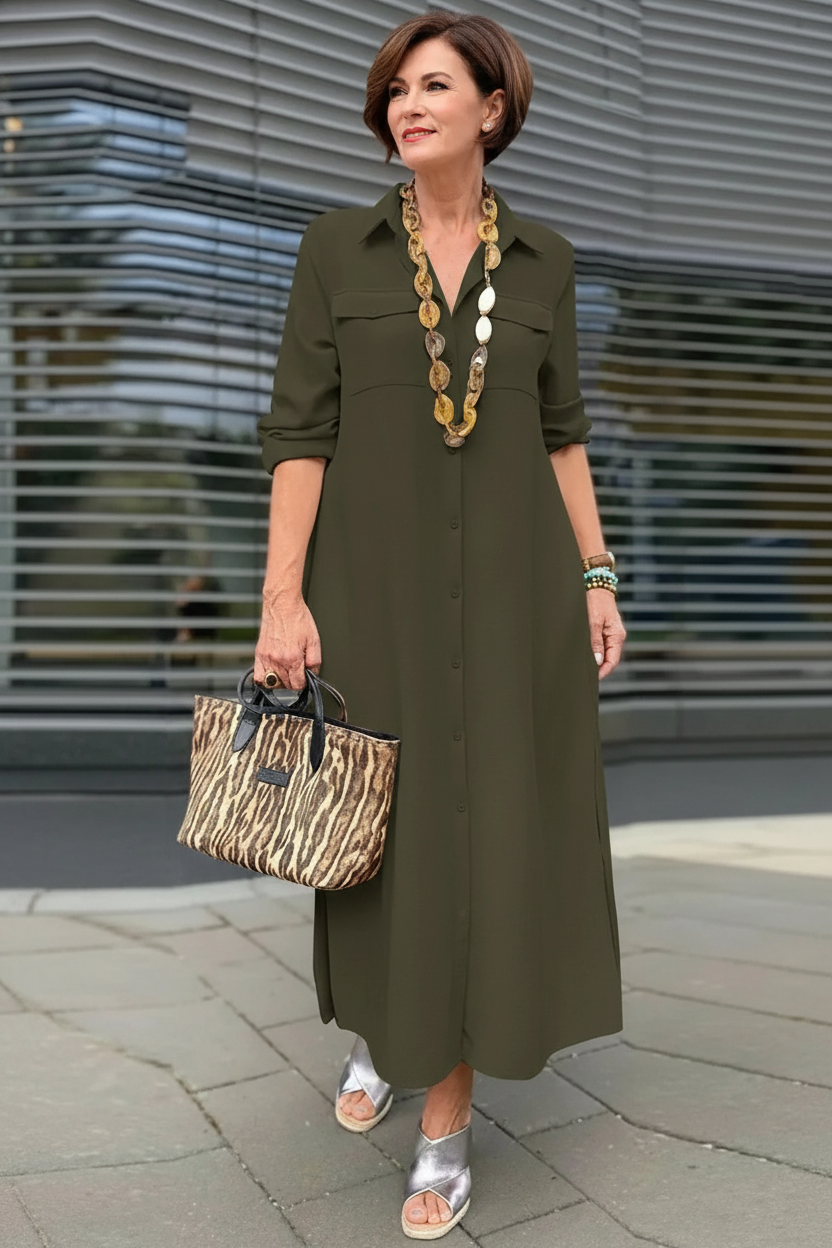 S109 olive green button-up dress front view