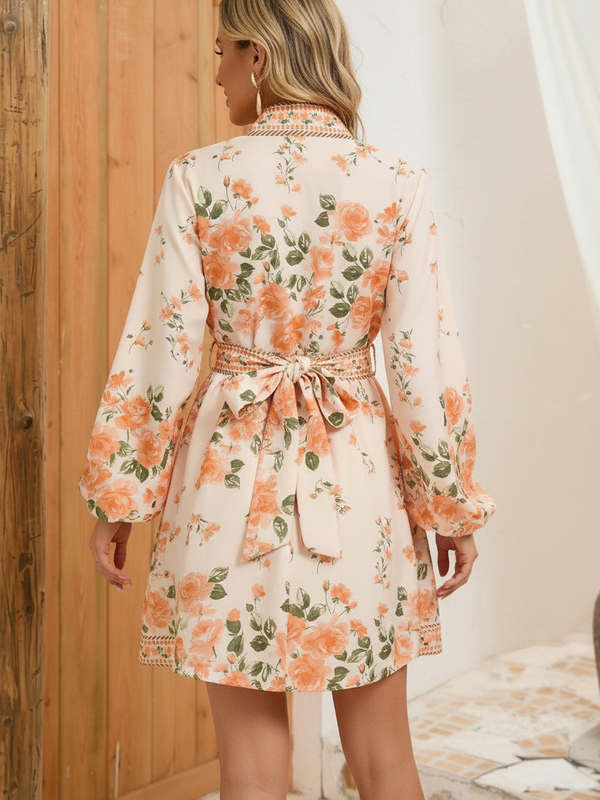 SAIDE™ | S115 DRESS - FLORAL PRINT BELTED WAIST LANTERN SLEEVE DRESS