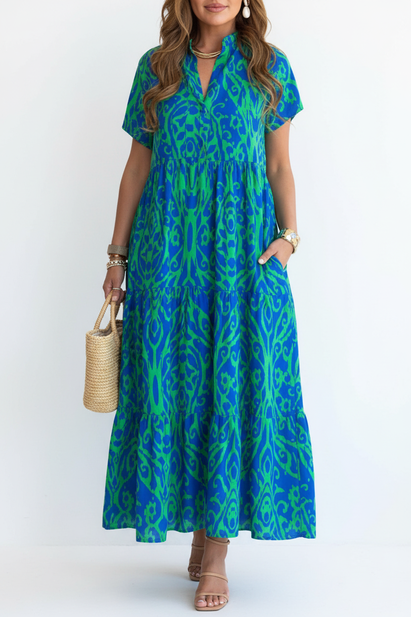 S124 Blue-Green Printed Maxi Dress - Corrected