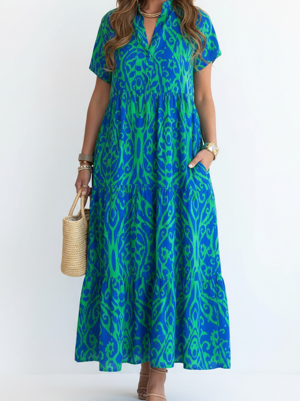 SAIDE™ | S124 DRESS - PRINTED V-NECK MAXI BEACH DRESS