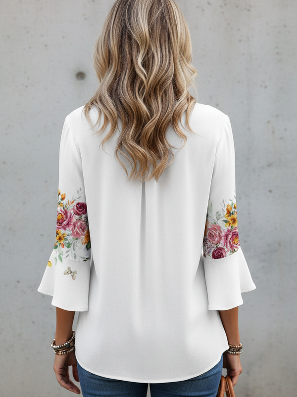 SAIDE™ | S126 BLOUSE - FLORAL PRINT V-NECK CHIFFON BLOUSE