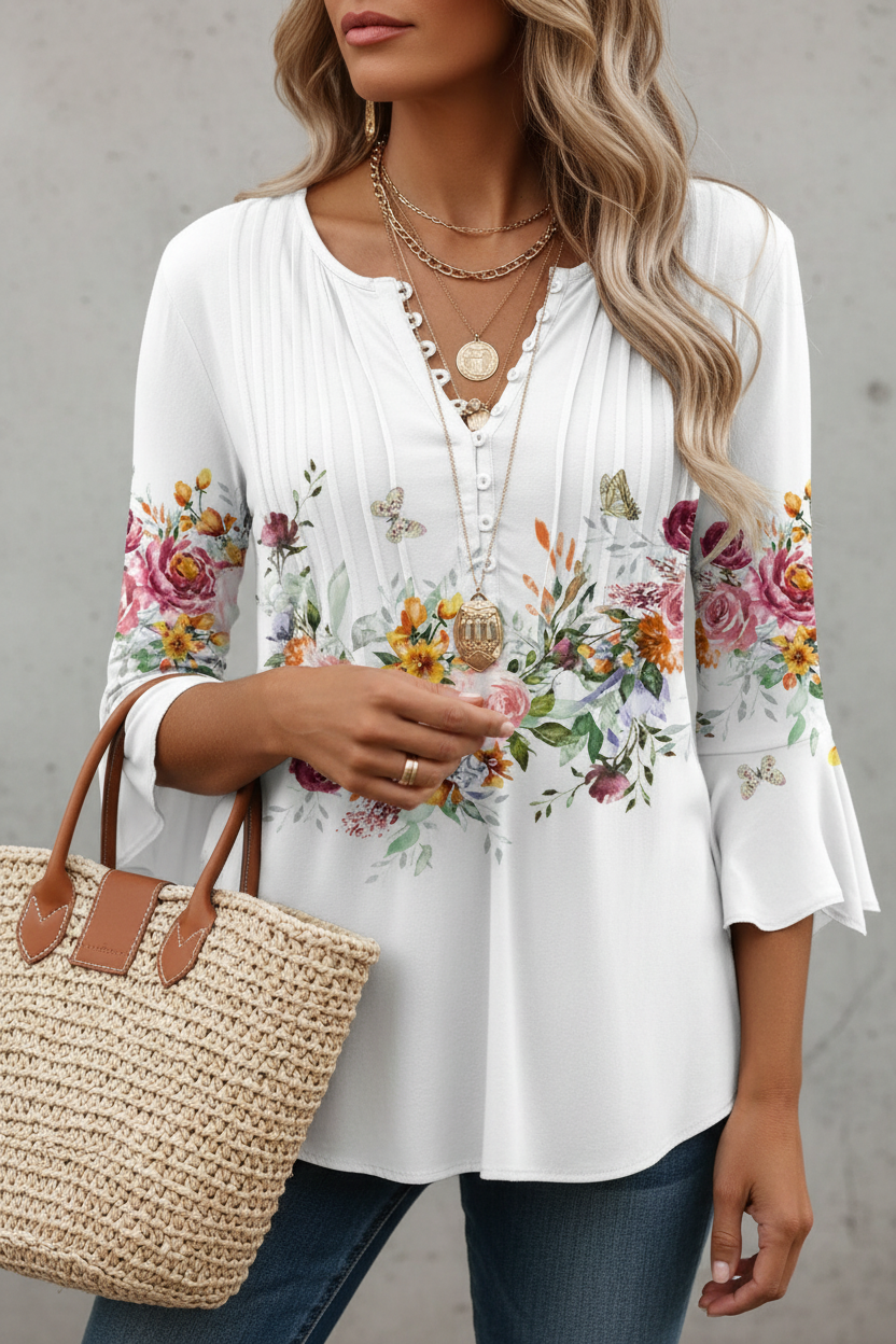 S126 White Floral Blouse - Front View Corrected