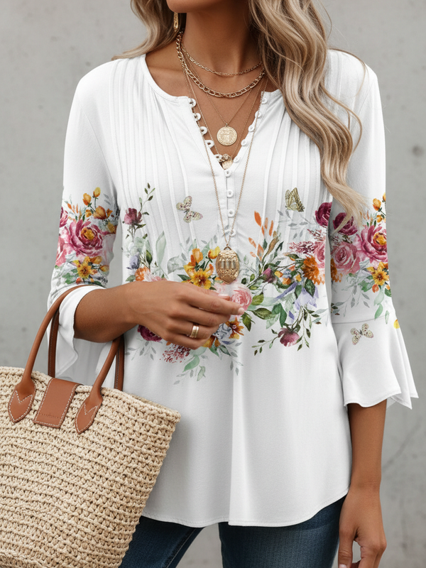 SAIDE™ | S126 BLOUSE - FLORAL PRINT V-NECK CHIFFON BLOUSE