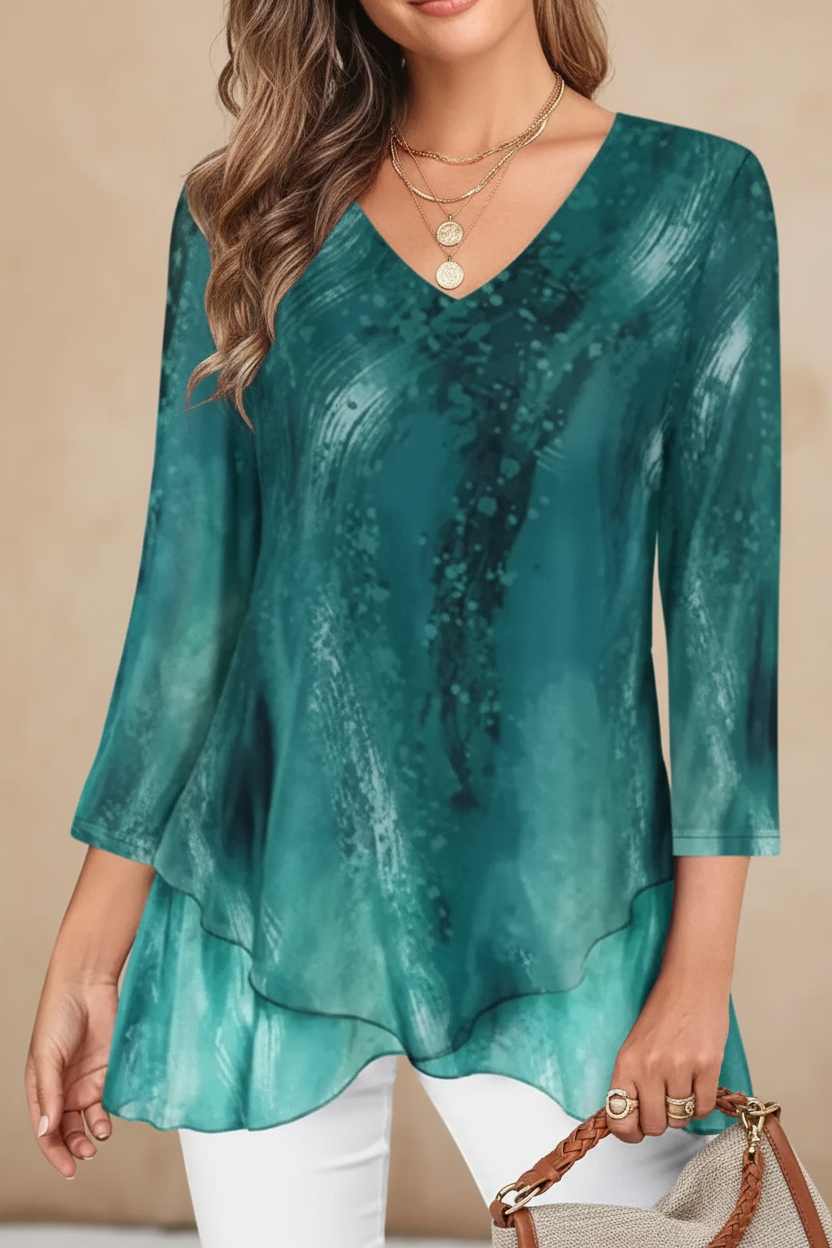 S127 Teal Printed V-Neck Top - Front View