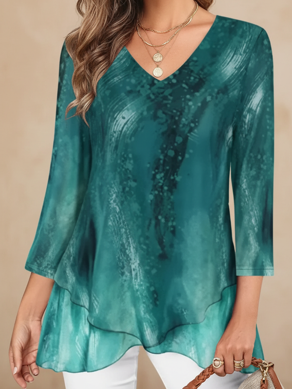 SAIDE™ | S127 TOP - PRINTED V-NECK PLEATED CASUAL TOP