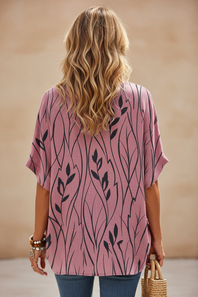 S128 Mauve Pink Floral Leaves Blouse - Back View