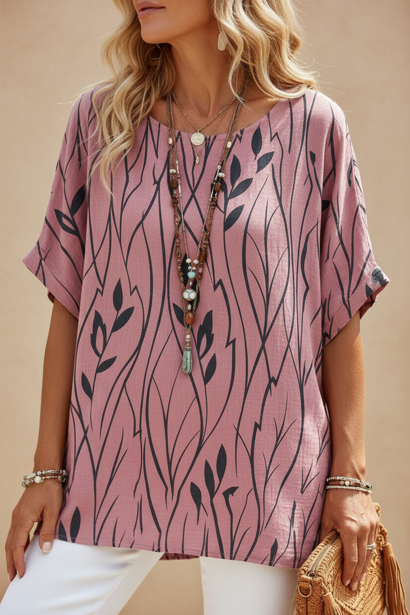 S128 Mauve Pink Floral Leaves Blouse - Front View