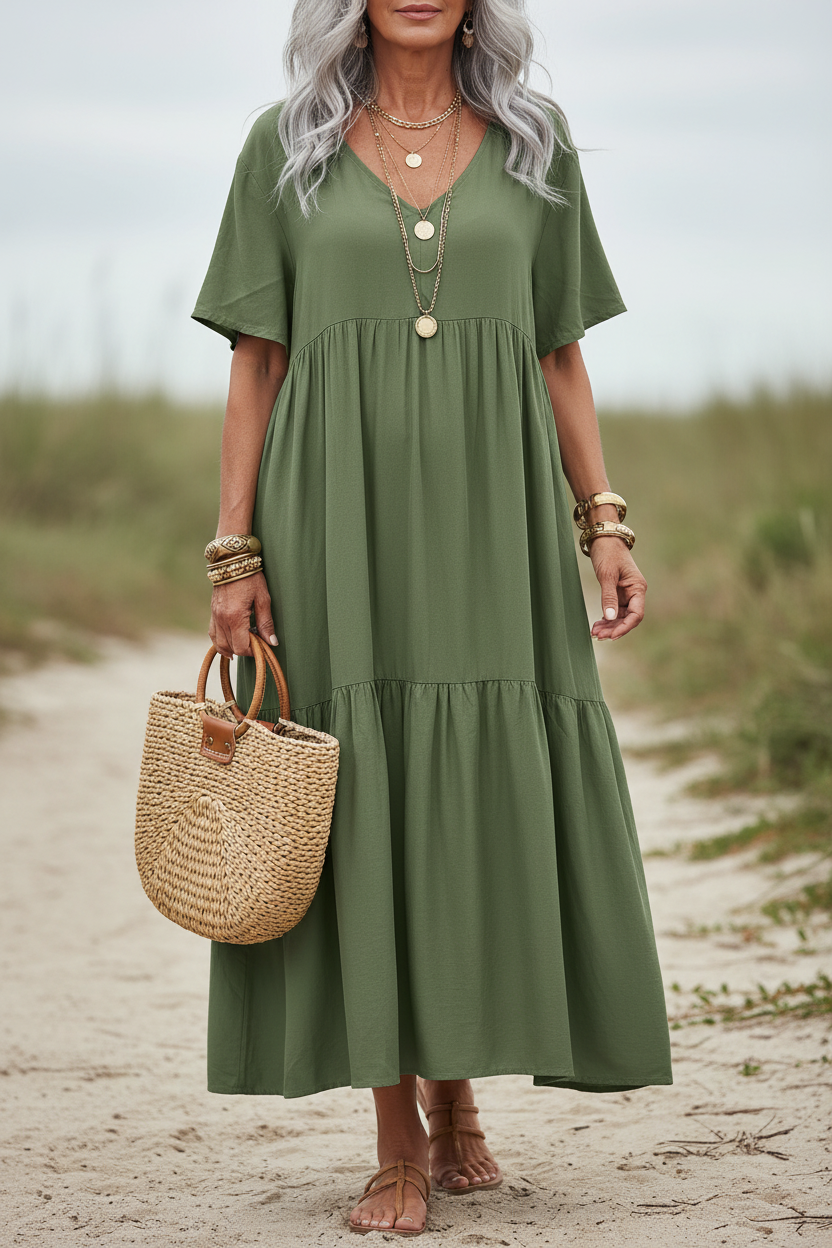 S129 Sage Green Ankle-Length Dress - 65yo Front View