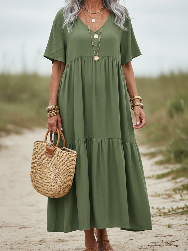 SAIDE™ | S129 DRESS - V-NECK A-LINE ANKLE-LENGTH DRESS