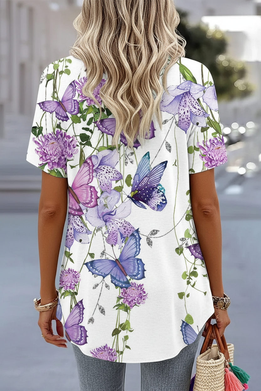 S130 3D Butterfly Print V-Neck Tee - Back View Corrected