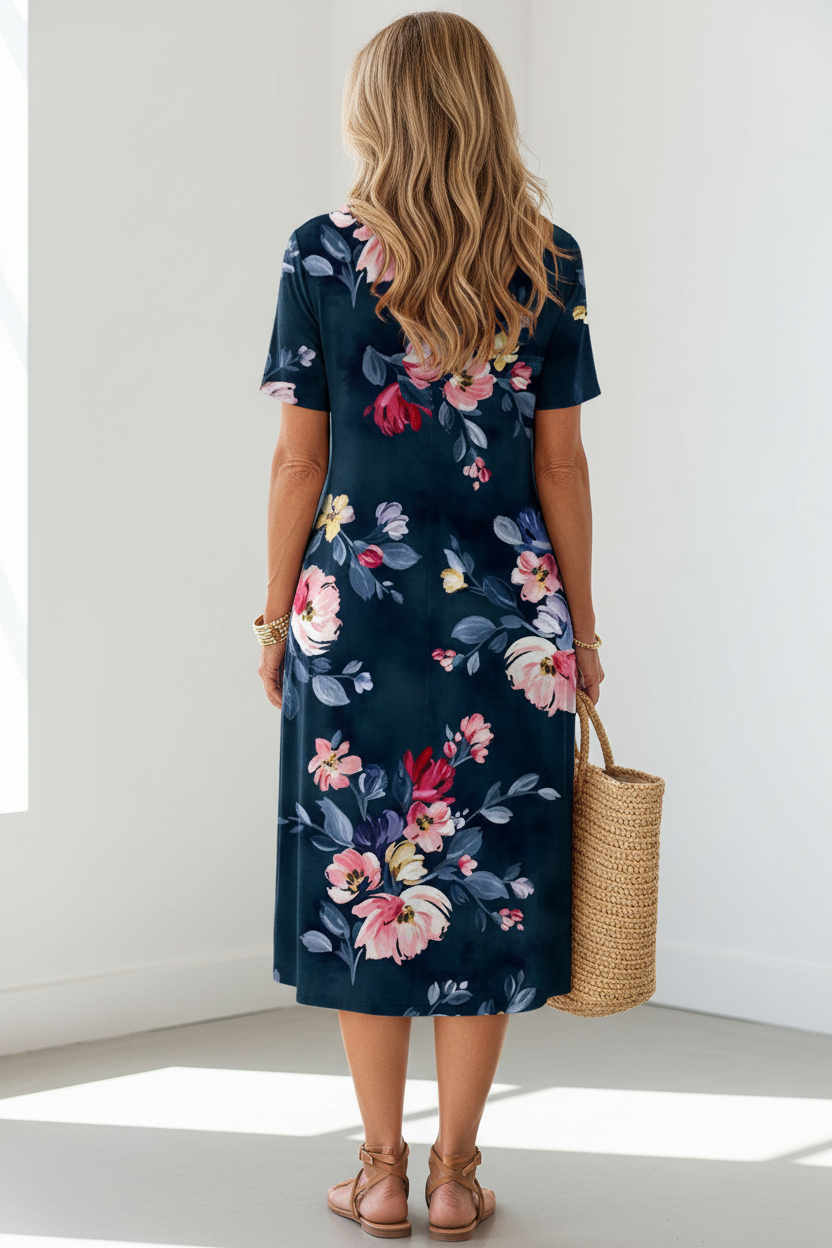 S134 Navy Blue Floral Dress - S106 Style Back View