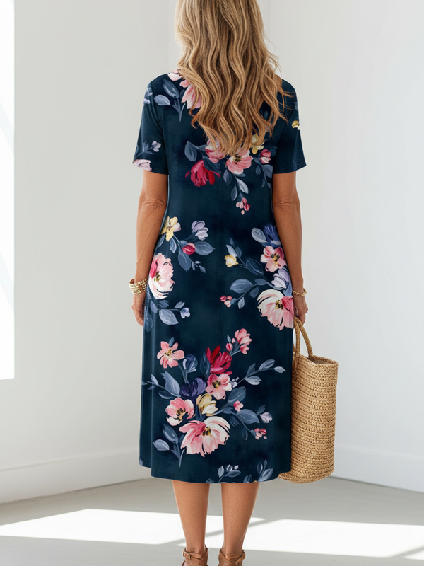 SAIDE™ | S134 DRESS - PRINTED O-NECK MID-CALF CASUAL DRESS
