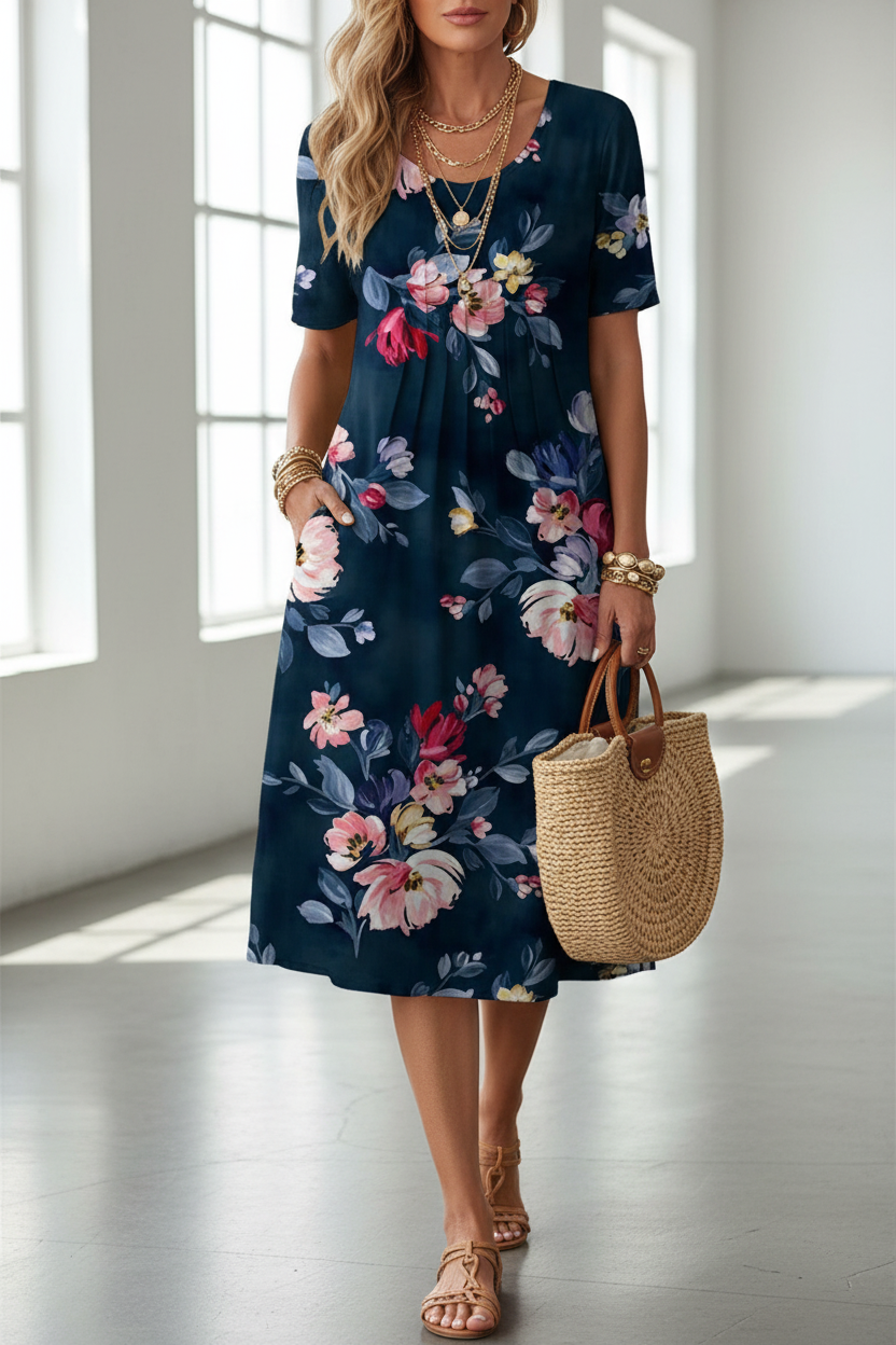 S134 Navy Blue Floral Dress - S106 Style Front View