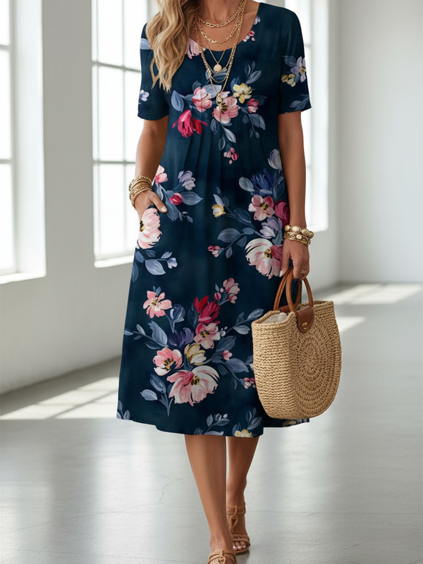 SAIDE™ | S134 DRESS - PRINTED O-NECK MID-CALF CASUAL DRESS