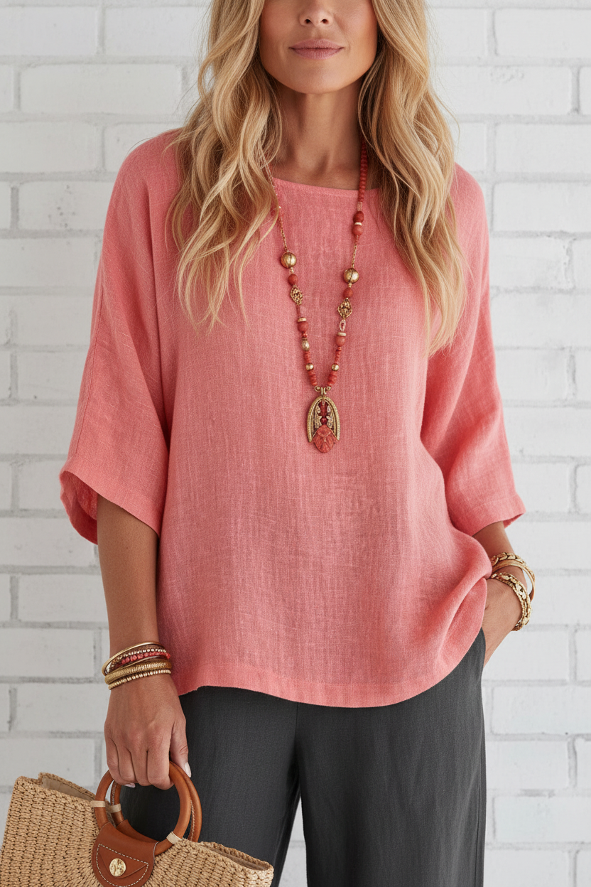 S138 coral pink blouse - front view white brick
