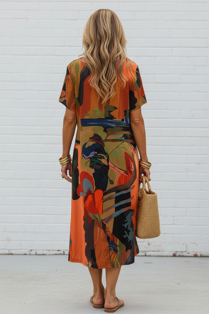 S141 abstract print dress - back view white brick