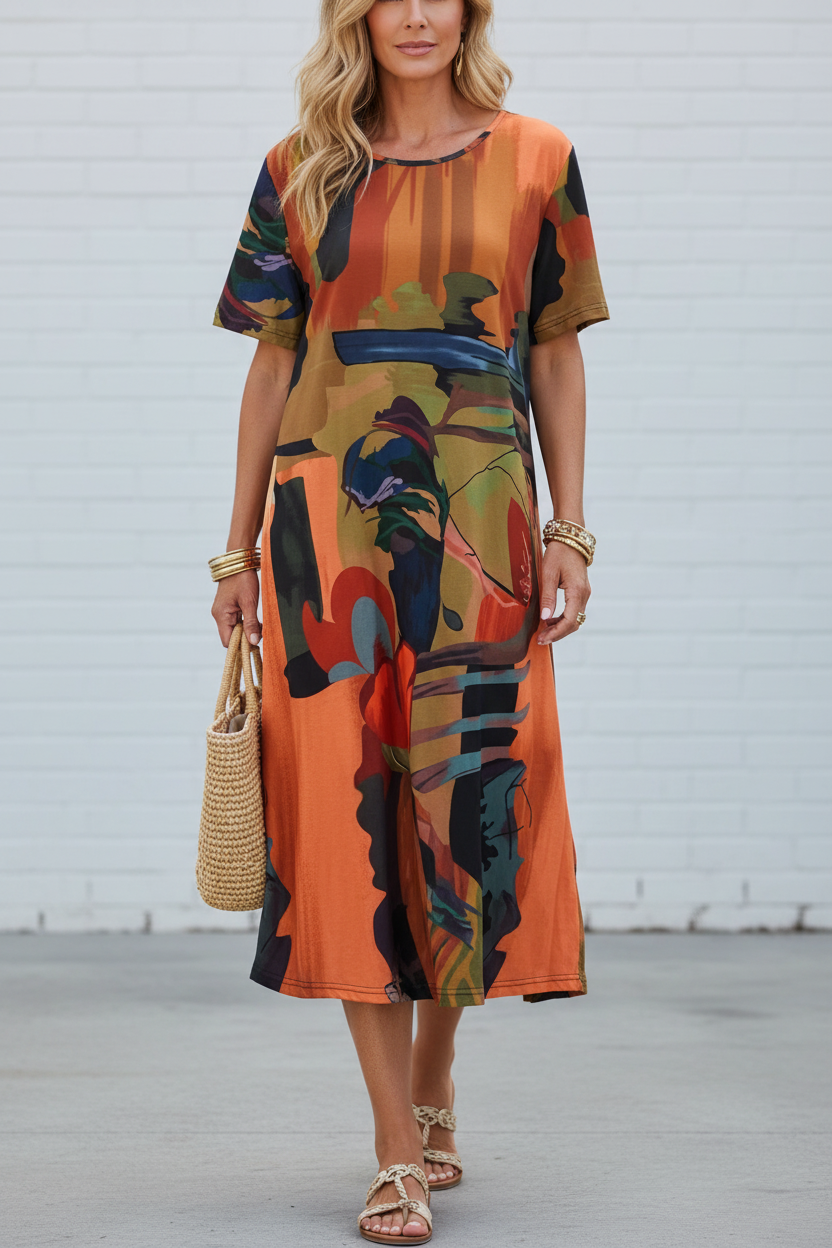 S141 abstract print dress - front view white brick