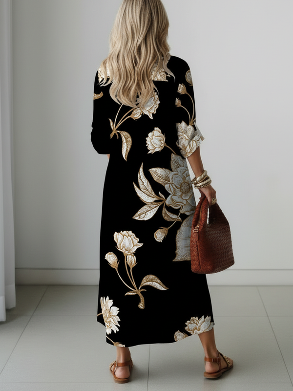 SAIDE™ | S145 DRESS - ELEGANT FLORAL PRINT LONG SLEEVE SHIRT DRESS