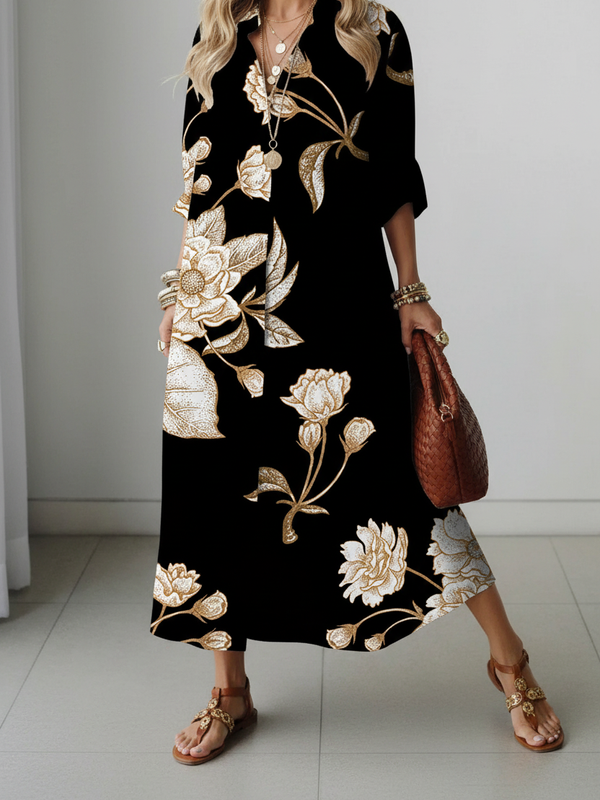 SAIDE™ | S145 DRESS - ELEGANT FLORAL PRINT LONG SLEEVE SHIRT DRESS