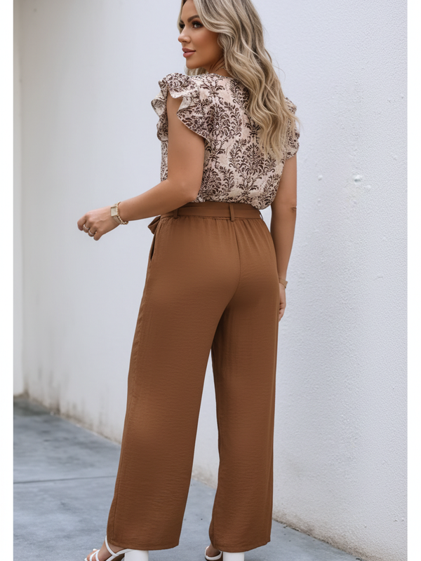 SAIDE™ | S36 TWO PIECE SET - RUFFLED SLEEVE PRINT TOP AND BELTED TROUSERS SET