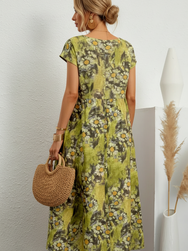 SAIDE™ | S40 DRESS - COTTON LINEN SHORT SLEEVE MAXI DRESS