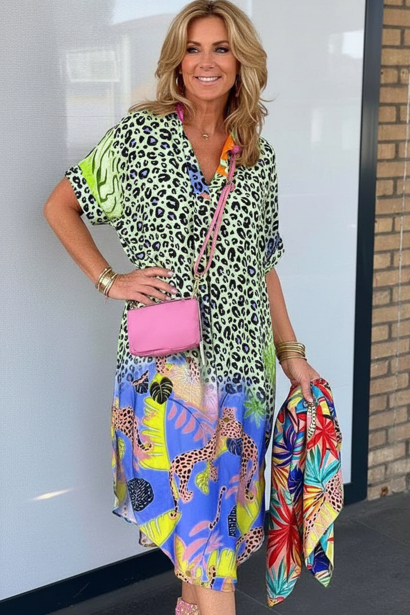 S48 leopard and tropical print dress front view