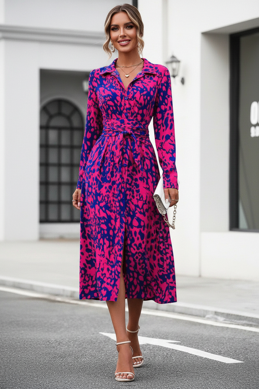 S63 pink blue leopard print dress front view