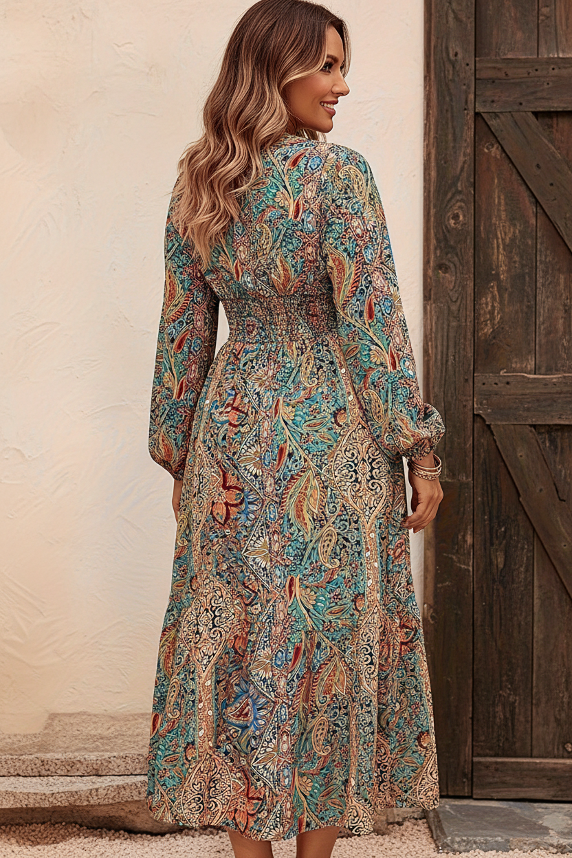 S66 multicolor paisley midi dress back view