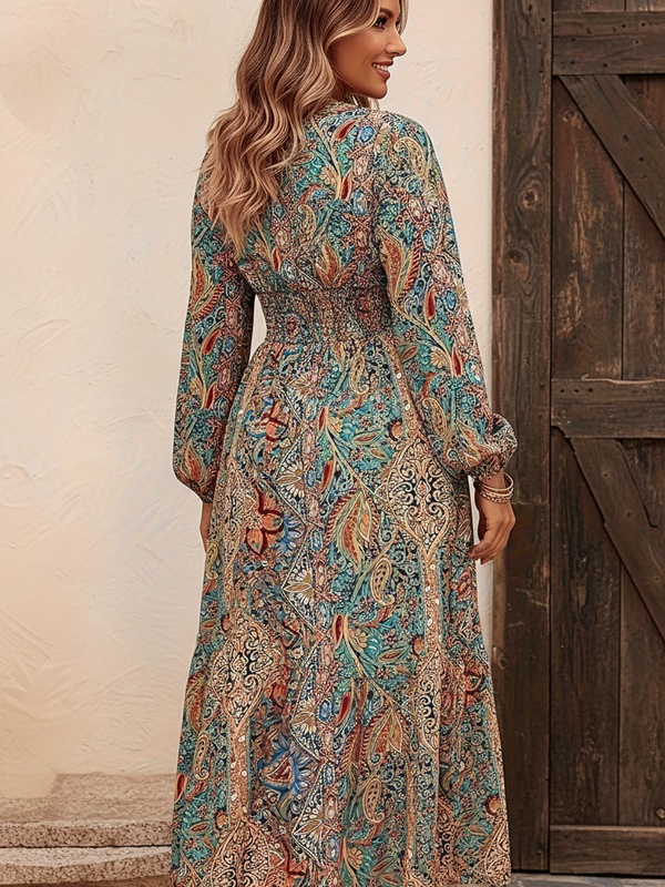 SAIDE™ | S66 DRESS - PLUS SIZE BOHEMIAN V-NECK LONG SLEEVE MAXI DRESS