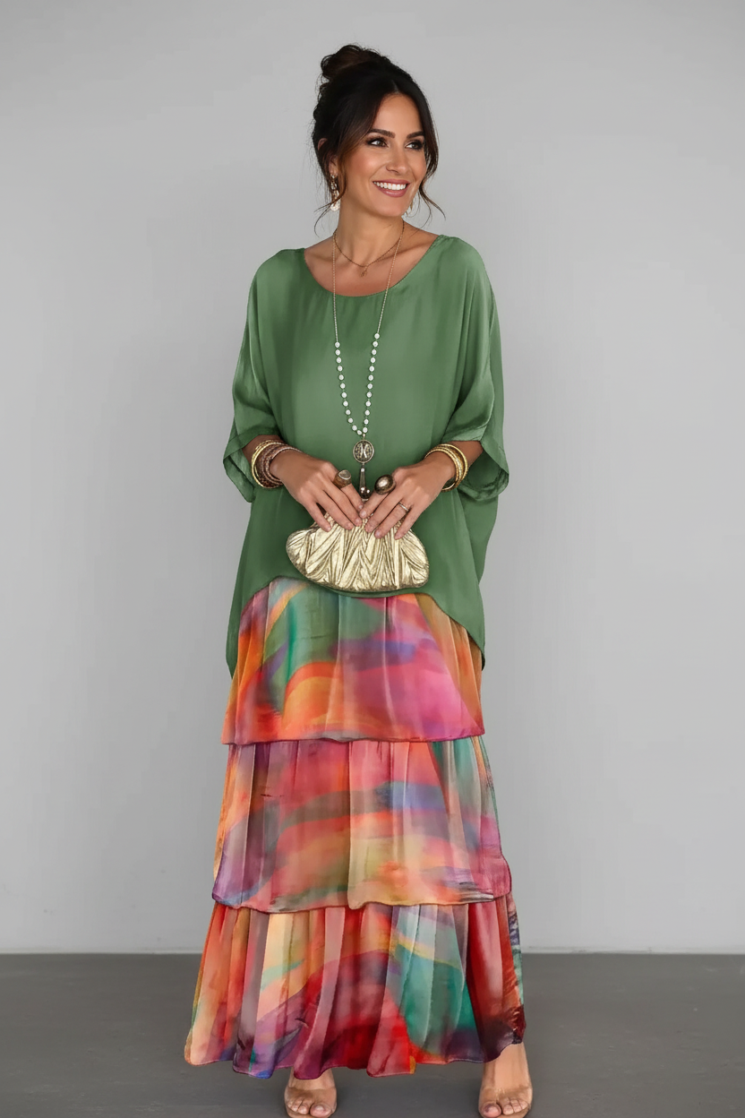 S72 rainbow watercolor dress minimalist front view