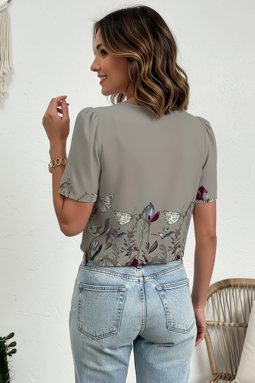 Sage green butterfly blouse mid-40s model back view