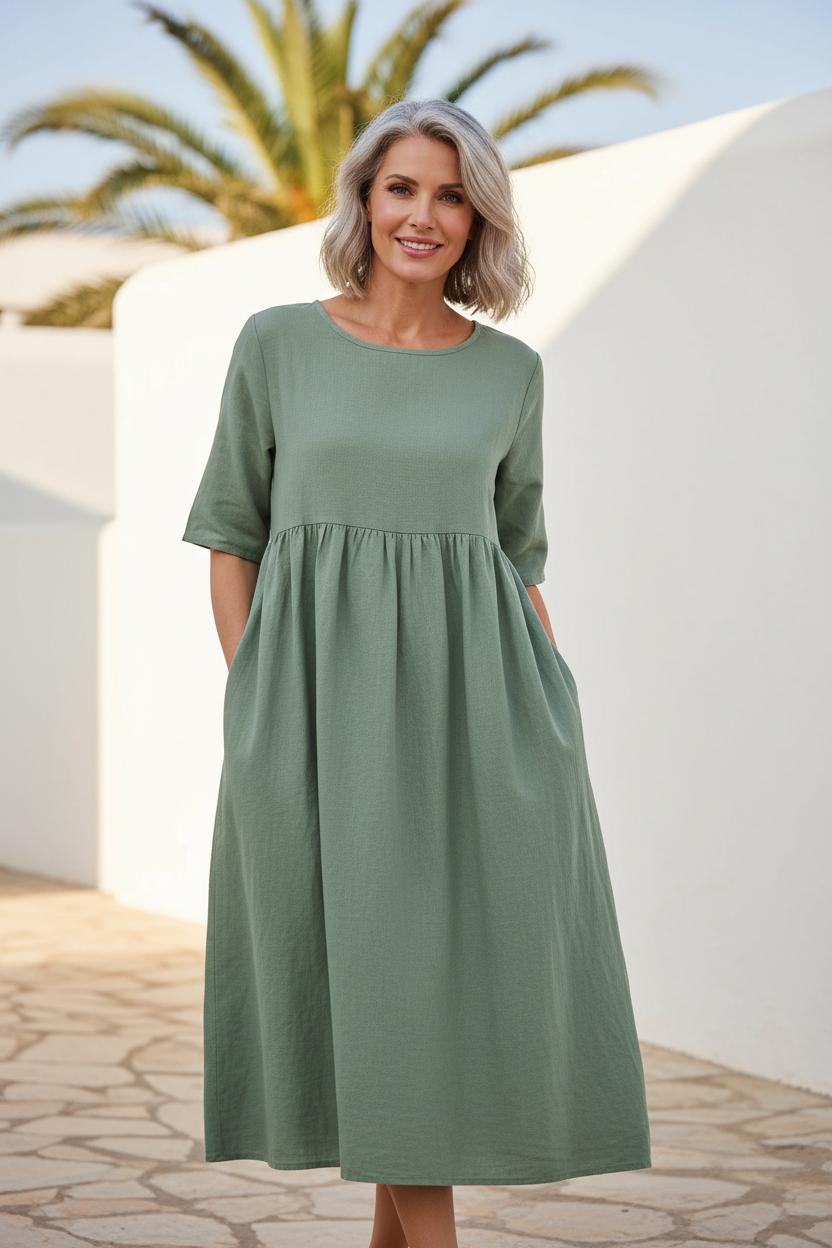 Sage green cotton linen dress - realistic model