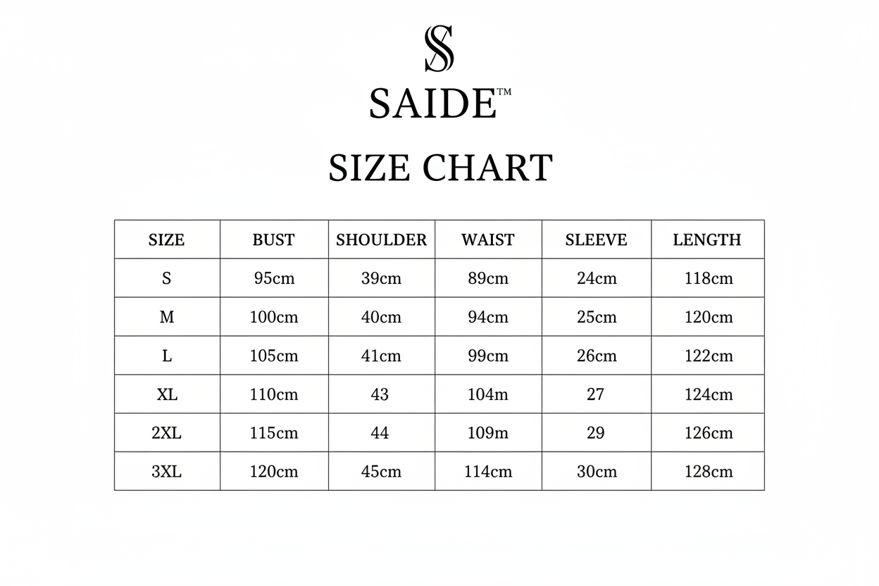 SAIDE Size Chart - S5 Dress White Background