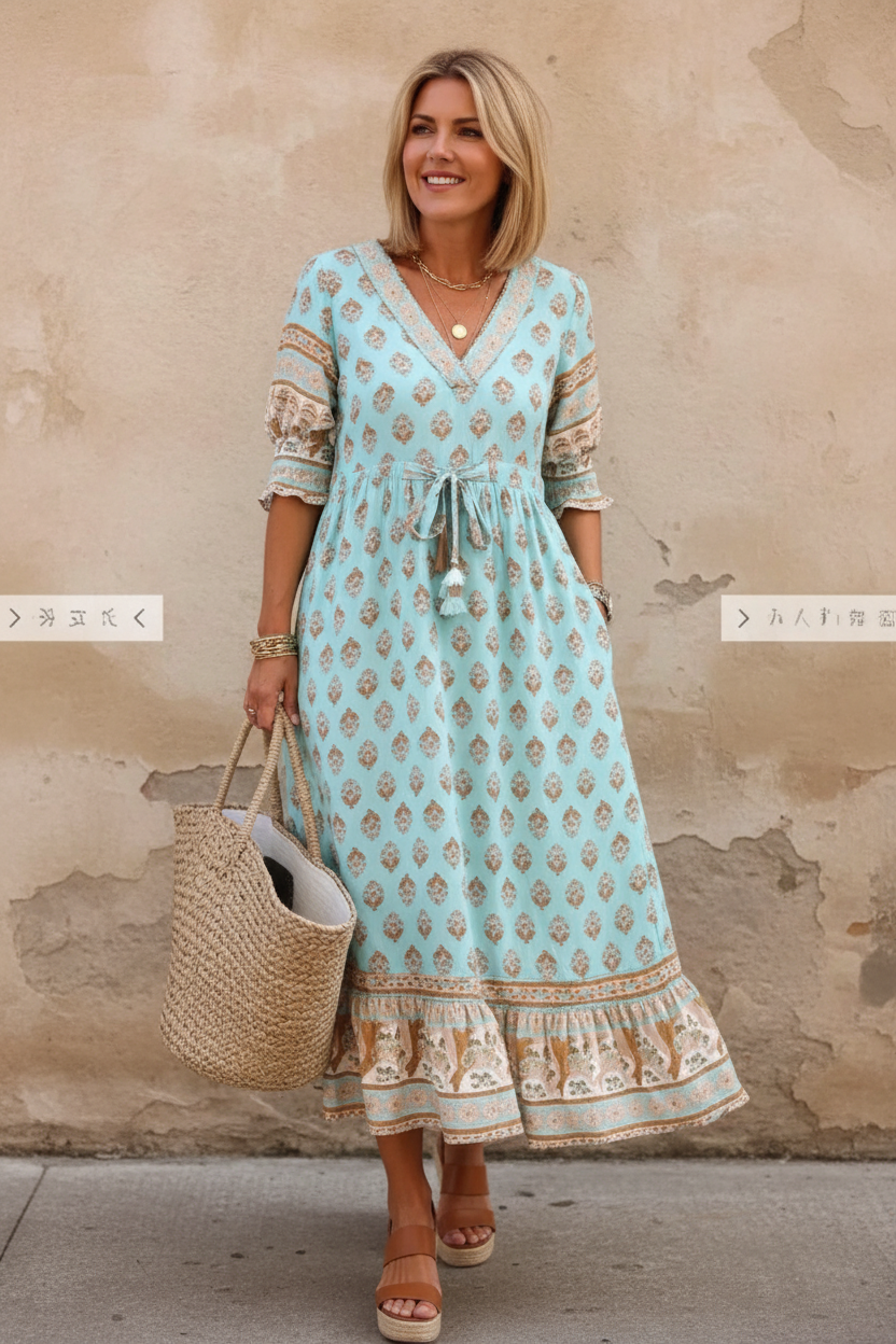 Turquoise floral dress front view