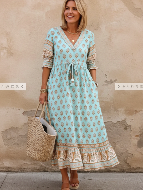 SAIDE™ | S74 DRESS - BOHEMIAN FLORAL V-NECK SHORT SLEEVE MAXI DRESS