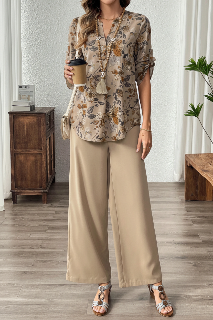 Woman wearing S29 silver wedge sandals with beige outfit